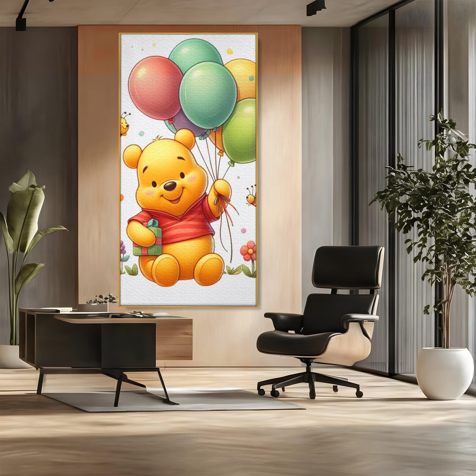 Tablou canvas cu tablou canvas cu winnie the pooh, in rama de aluminiu auriu, pe perete intr-un birou